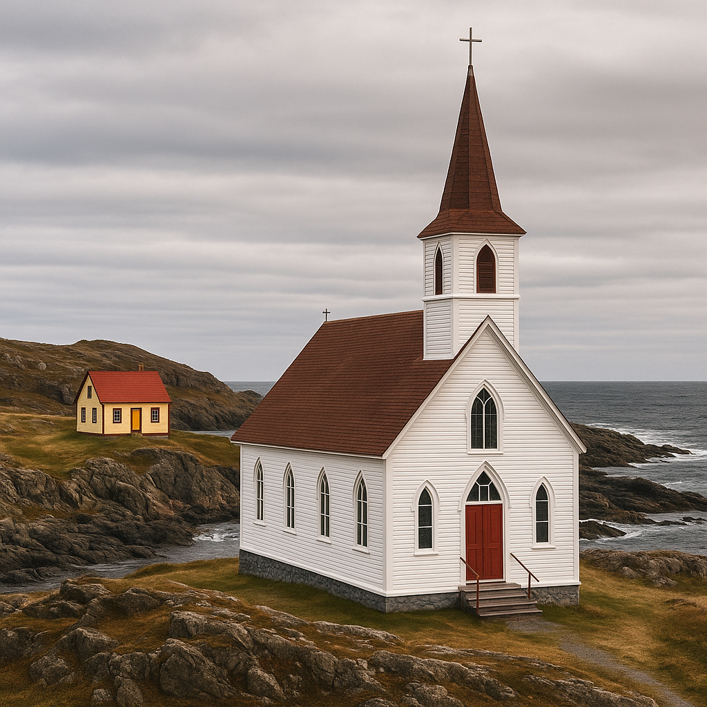 A symbolic coastal Saltbox scene with a white church, a small saltbox house, red roofs, rugged shoreline, and ocean.